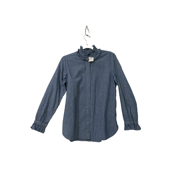 J Crew Shirt Women Sz 2 Blue Denim Button Blouse Ruffle Romantic Southwest Boho - Picture 1 of 7
